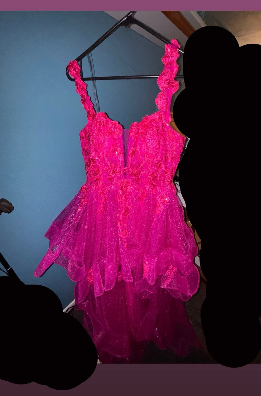Pink/Fuchsia Lace Sequin Glitter Lace Up Long Gown, Size 14