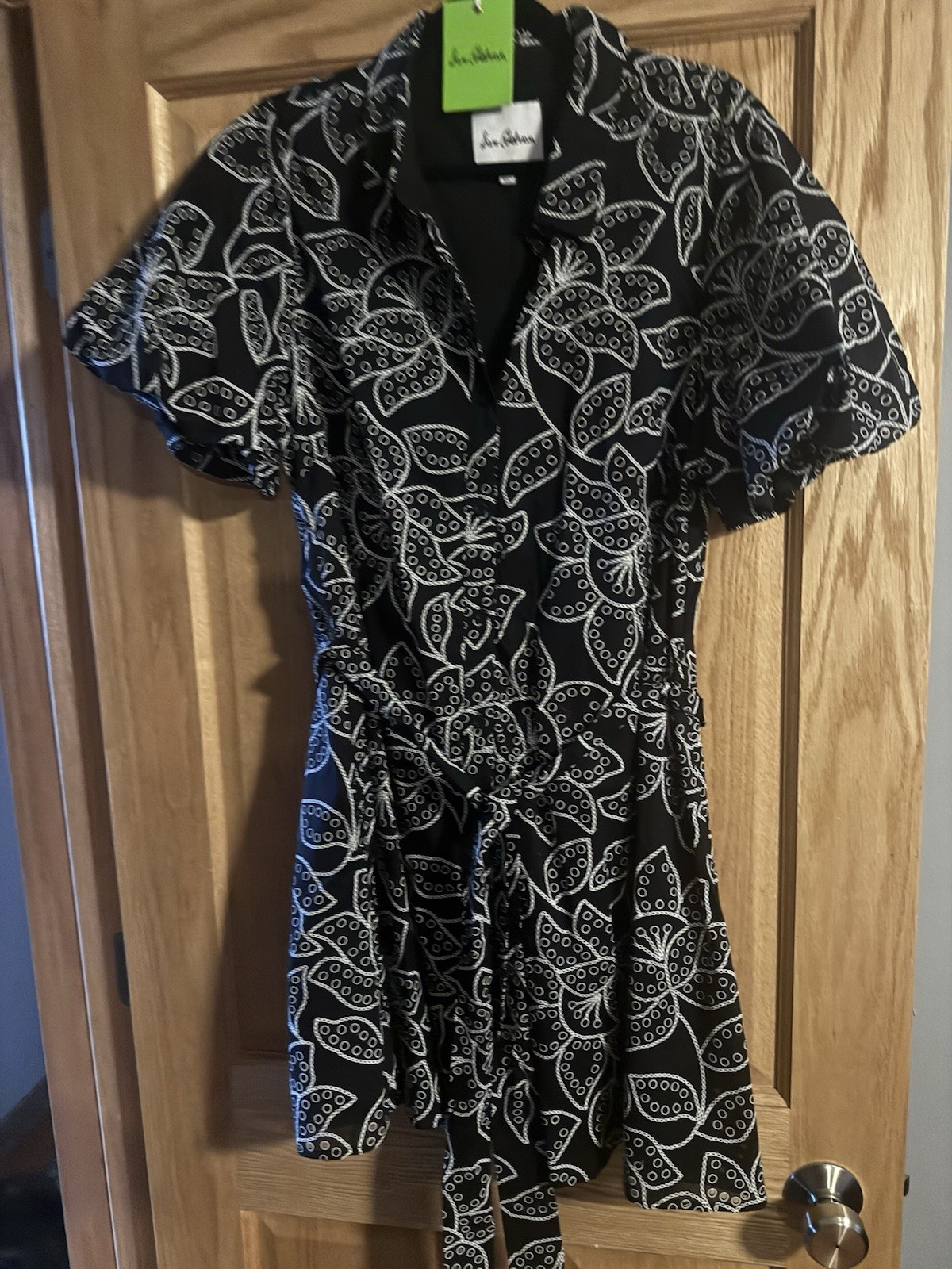 NWT Sam Edelman Short Puff Sleeve Eyelet Two Tone Dress Black White Belt Size 14