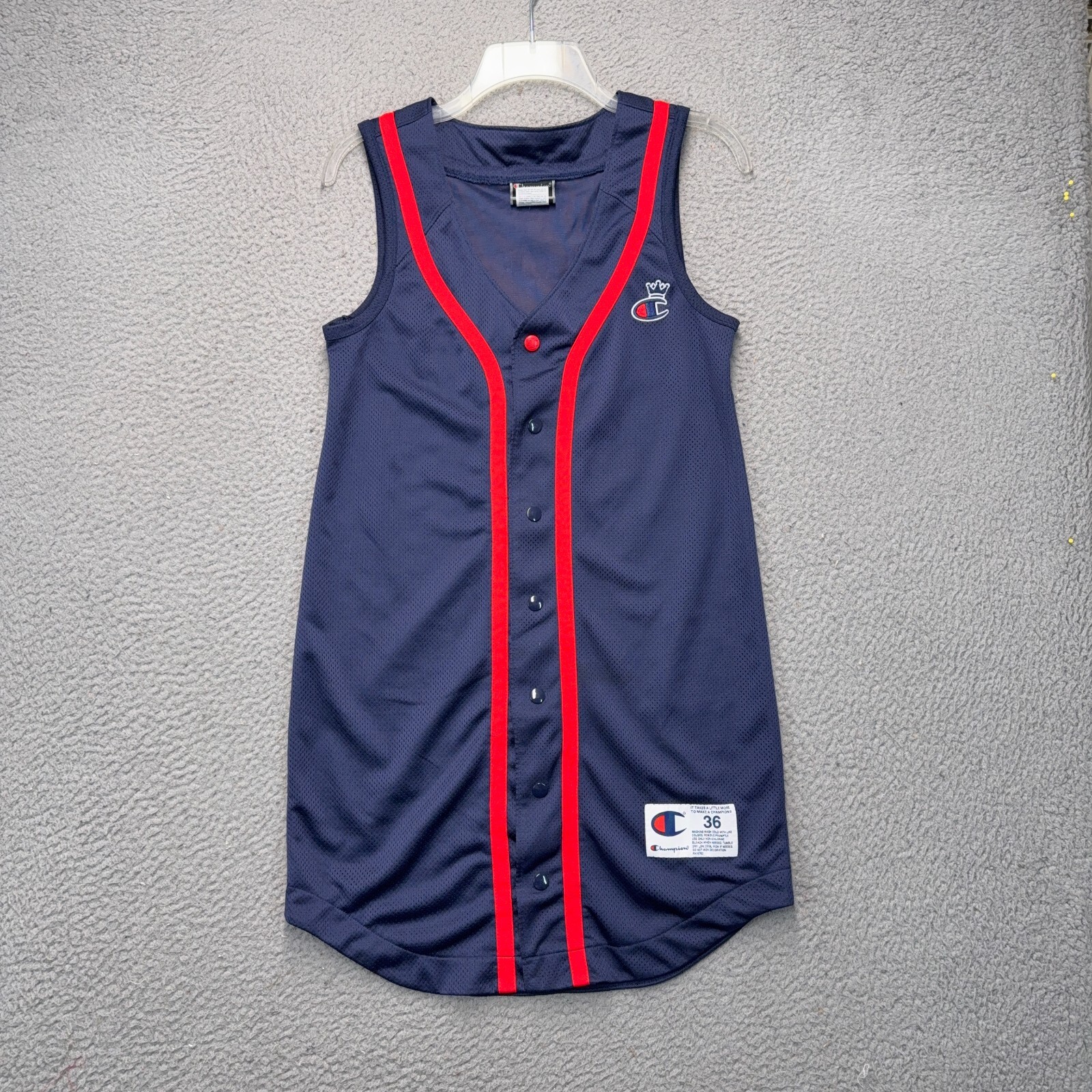 Champion Baseball Jersey Dress Womens Small Blue Red Snap Front Athletic Sports