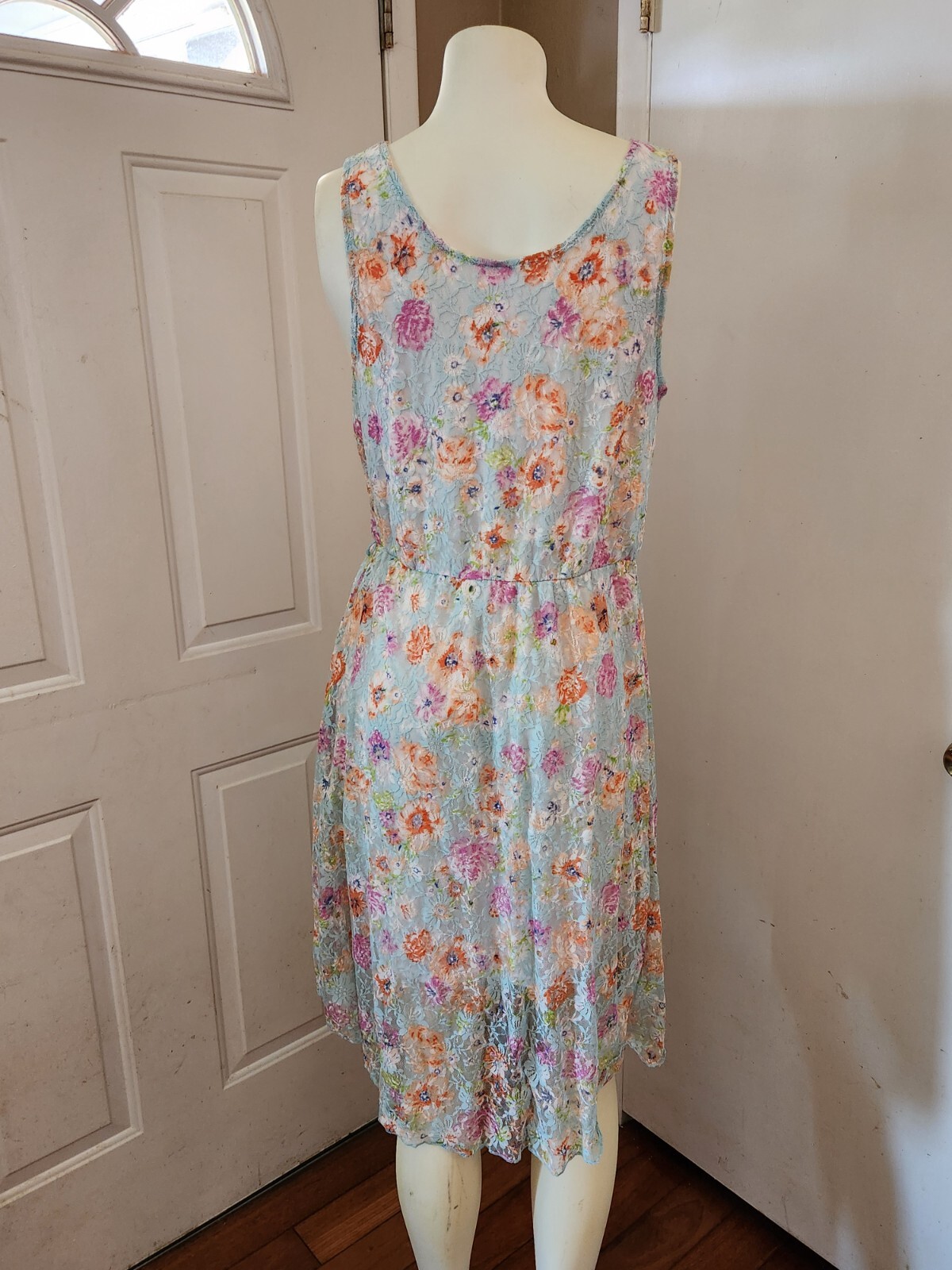 No Boundaries Midi Tunic Dress Lined Blue Lace Floral Print Slip-On Sz L (11-13)