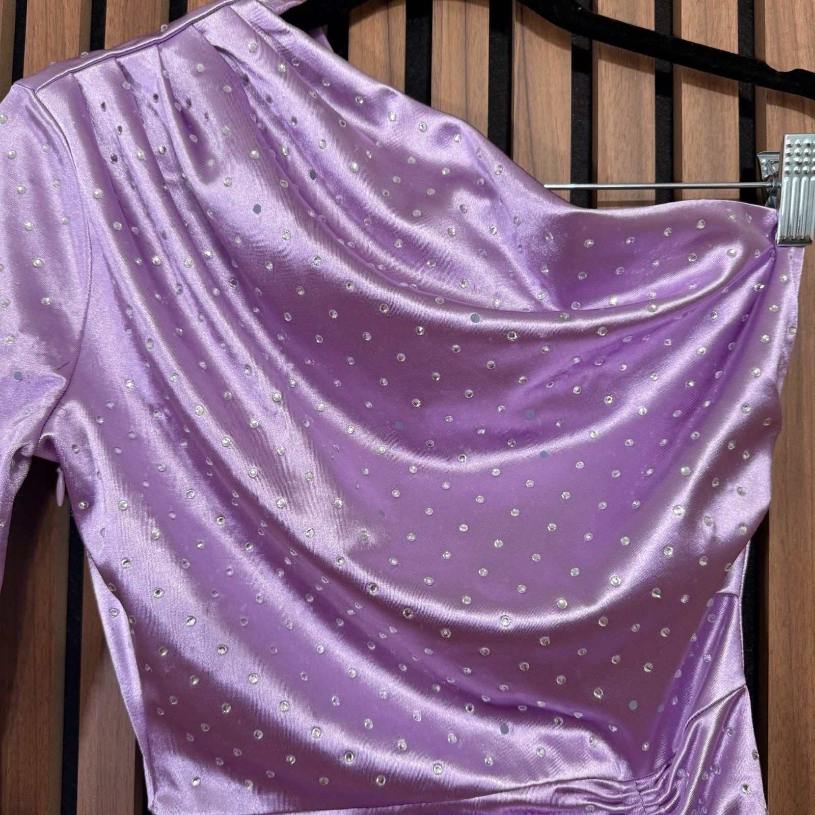 Maje Purple Satin One Shoulder Ruched Rhinestone Mini Dress Zip Long Sleeve 34