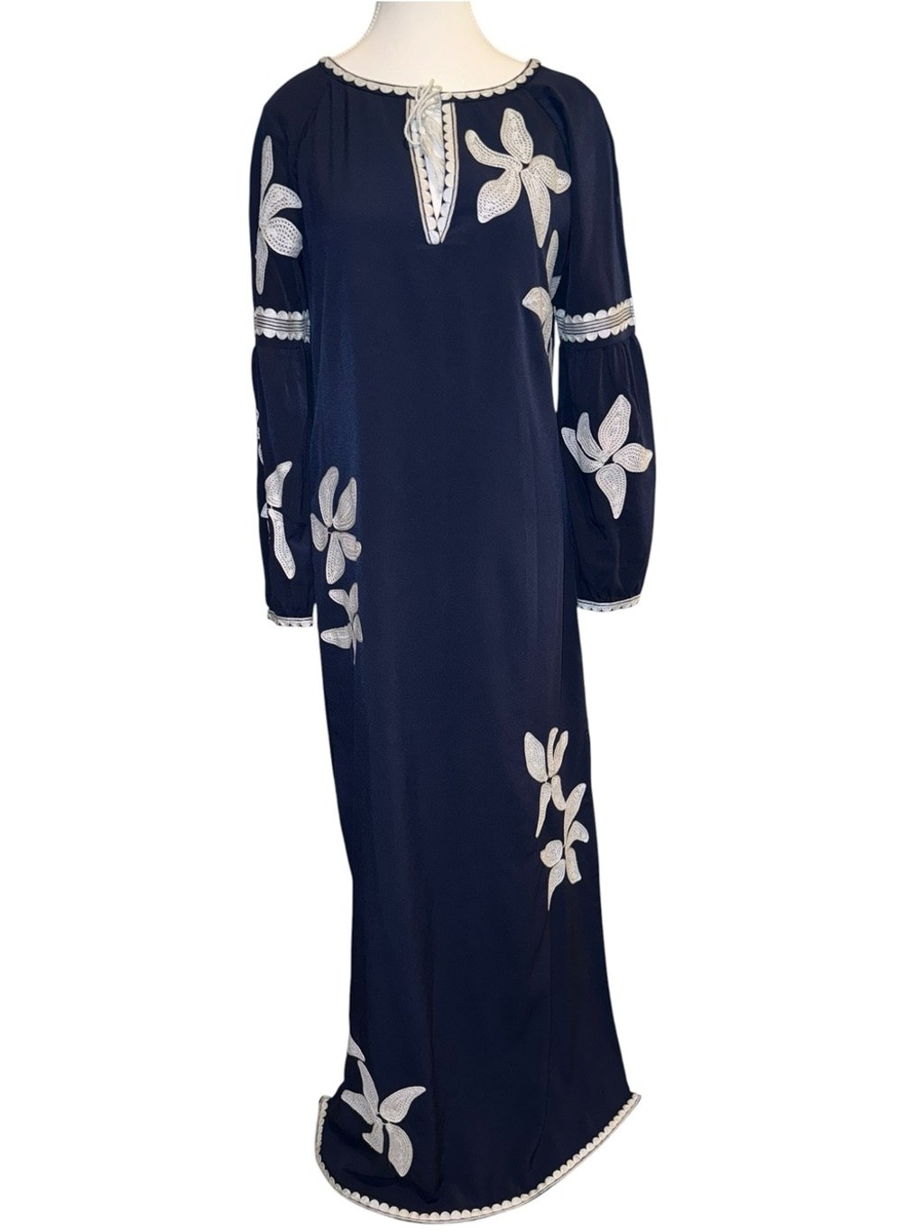 Tory Burch Embroidered Floral Maxi Dress Navy/Ivory – Size 2