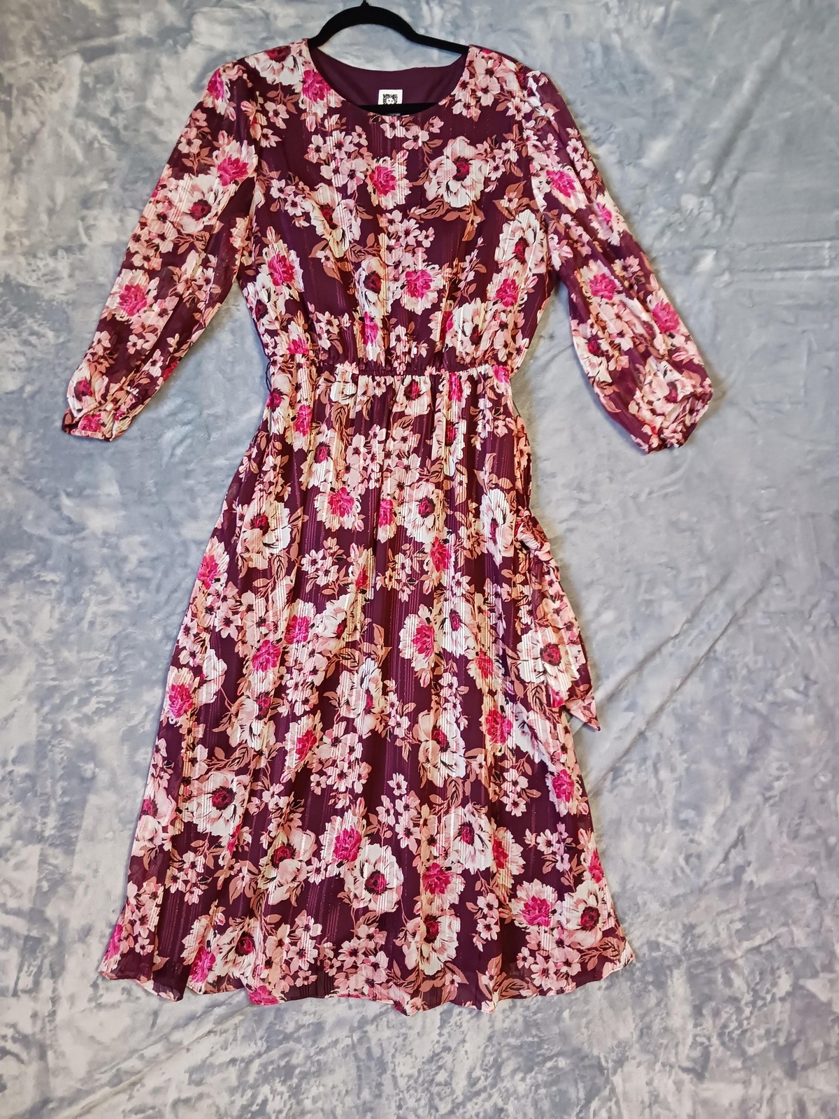 Anne Klein Dress Womens Large Purple Floral Midi Long Sleeve Belted Pleated