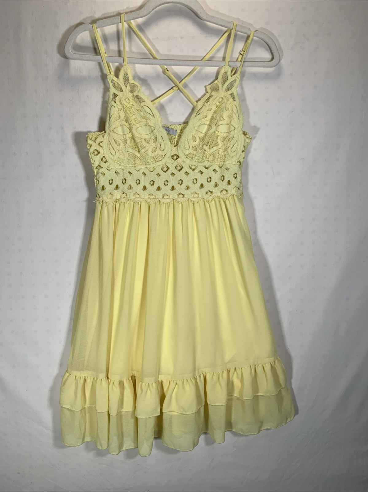 Feminine Lace Trimmed Flowy Tiered Whimsical Fairy Dress, Yellow, Sz Large