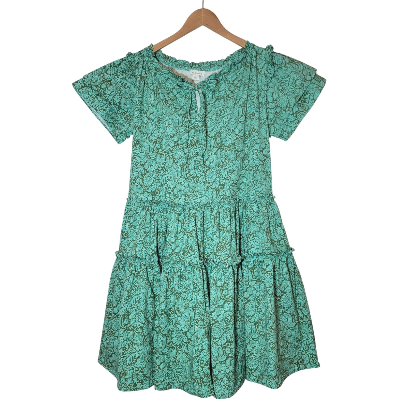 Sundance Liora Floral Leaf Cotton Tiered Ruffle Dress Short Sleeve Green S
