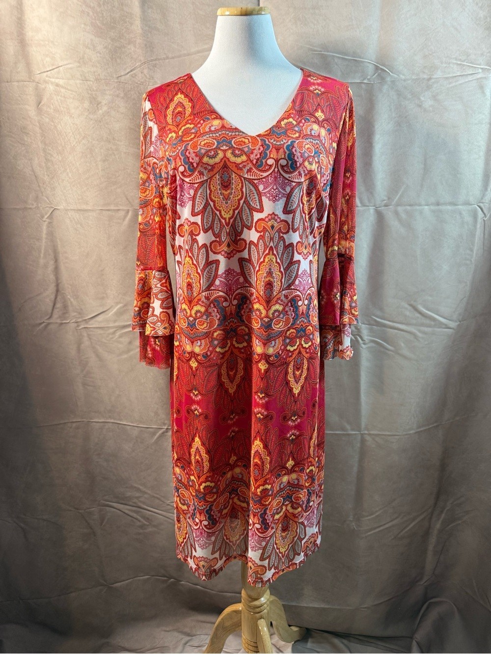 78-Red Paisley V-Neck Midi Dress with Flared Sleeves