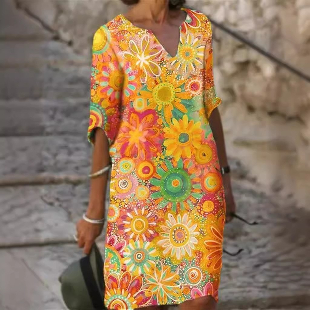 Women’s Plus Size Colorblock Patchwork V-Neck A-Line Midi Dress