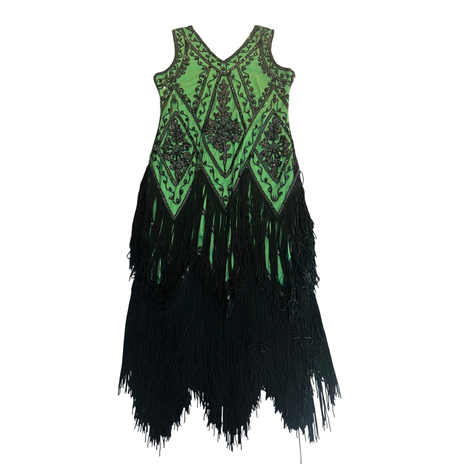PrettyGuide Green Black Sequin Fringe Flapper Dress 1920s Gatsby Style L (1098)