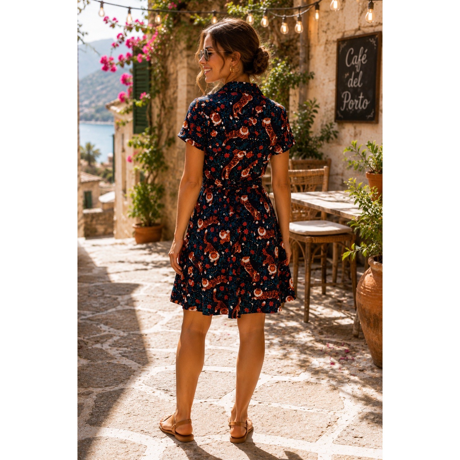 EVA ROSE Tiger Flower Field Knee Length Shirt Dress Shirtdress Tie Waist Small