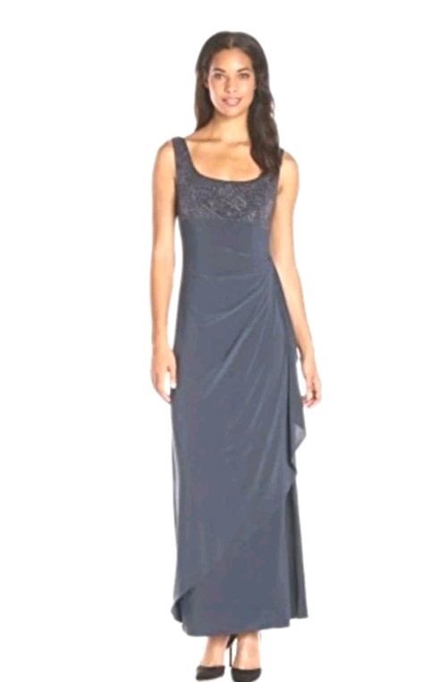 Alex Evening Gown Maxi Dress 10 Metallic Navy Blue Ruffles Wedding Embroidered