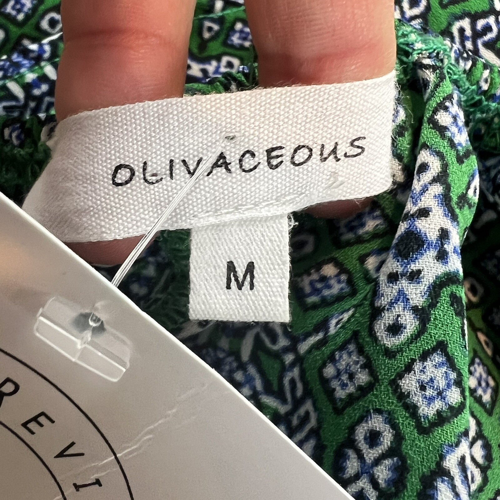 OLIVACEOUS Womens Size Medium Dress Open Back Plunge Green Medallion Mini NWT