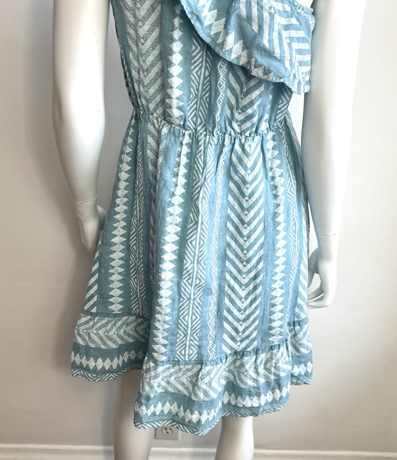 Valentina Naldi 100% Linen Dress Medium Blue One Shoulder Resort Italy White
