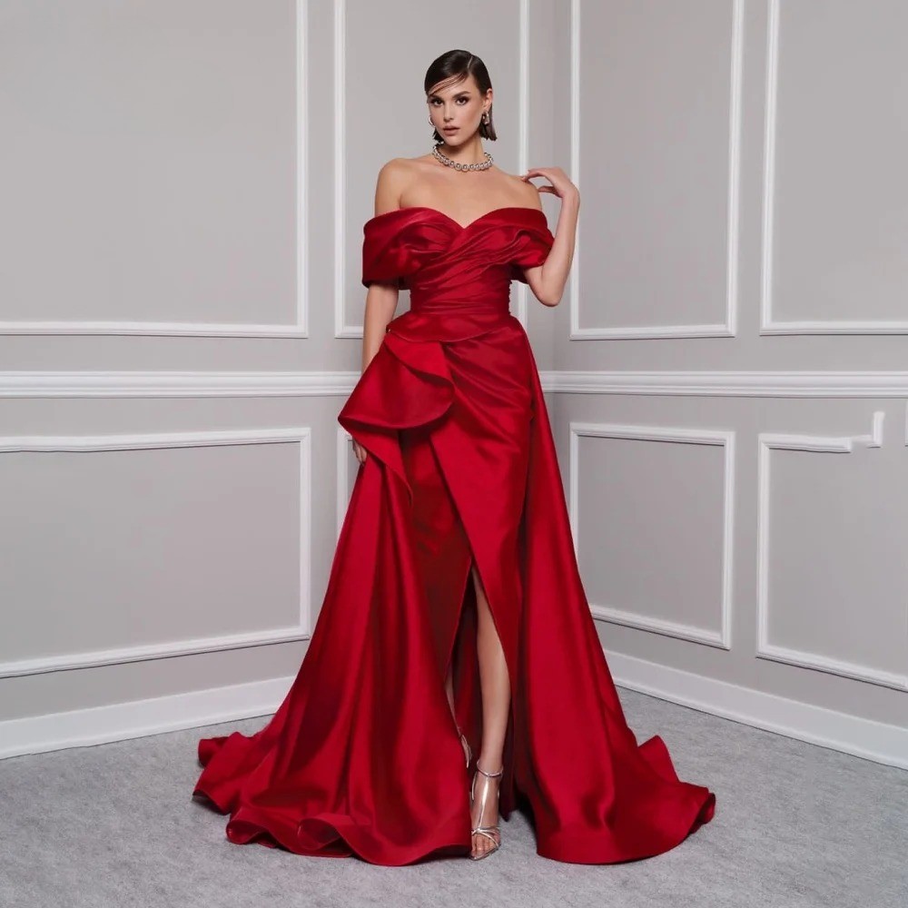 Red Elegant Evening dresses V-Neck Off the Shoulder Satin Pleating Side Split