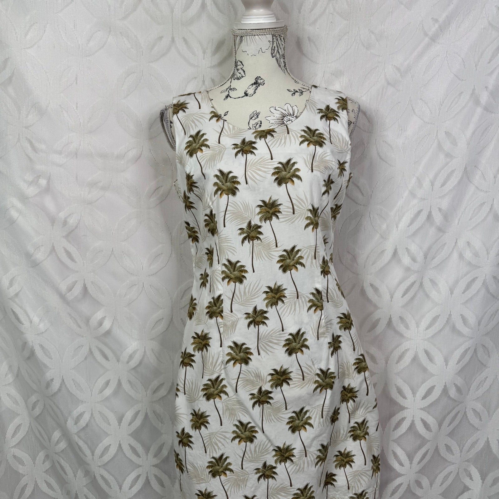 KY’S Made In Hawaii Palm Tree Print Cotton Mini Shift Dress White Green Large