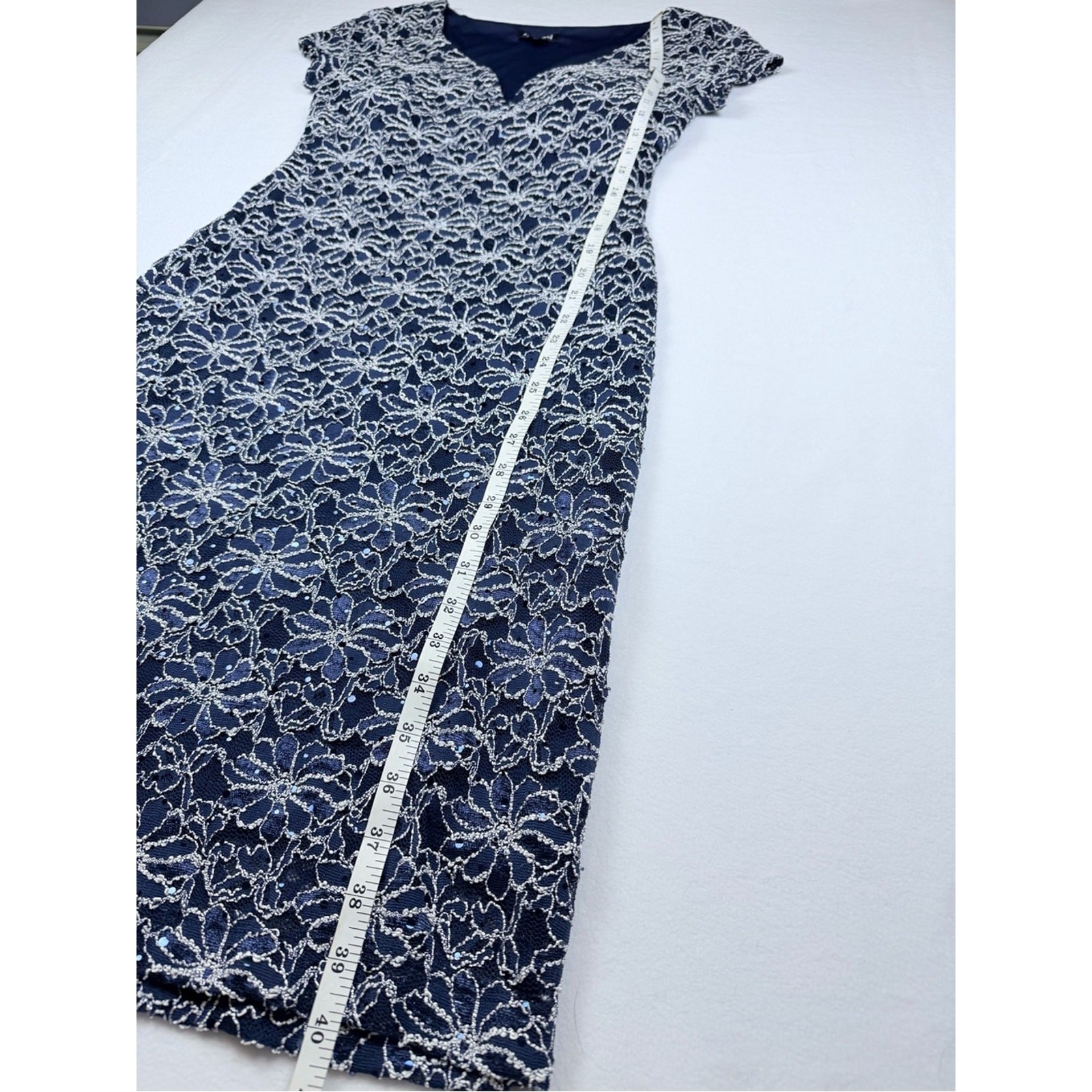 Roz & Ali Navy Blue Floral Lace Sequin Sheath Dress Size 6