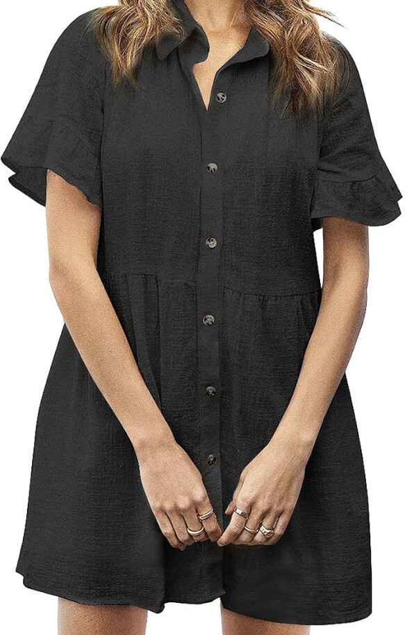 ROYLAMP Tunic Dress Bell Sleeve Split Hem Button up Collared Mini Dress M NWT