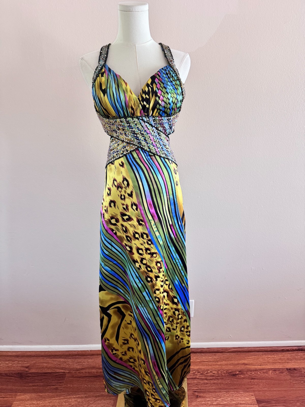 La Femme Vintage Y2K Beaded Open Back Gown – 100% Silk
