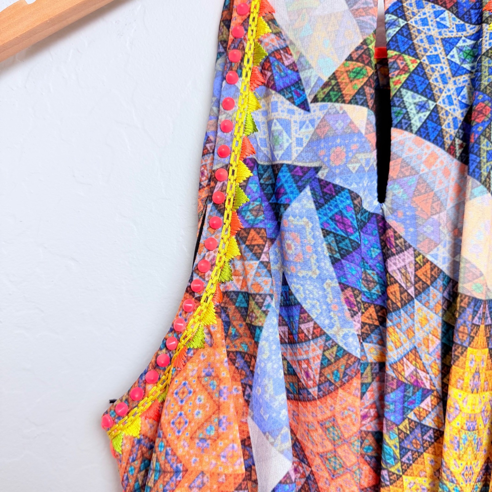 Anthropologie Ranna Gill Geometric Patchwork Pom Pom Maxi Dress Blue Orange M