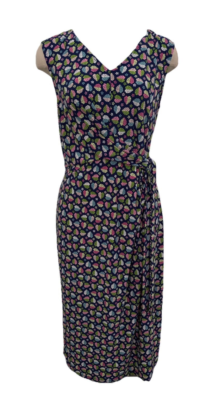 Tori Richard Stretch Jersey Sleeveless Dress Palm Print Navy Side Tie M