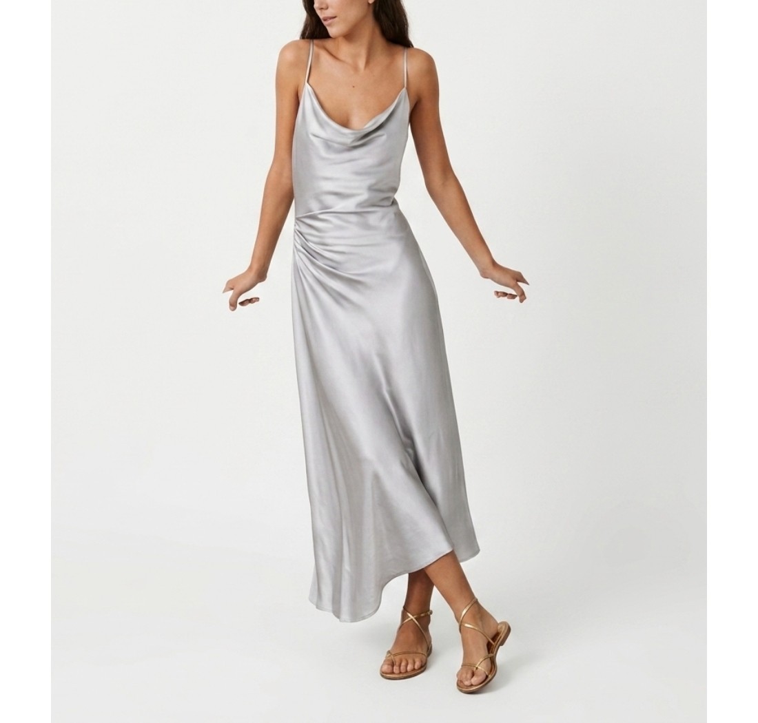 Zara Satin Effect Midi Dress Metallic Silver Cowl Neck Ruched Draped Side S NWT