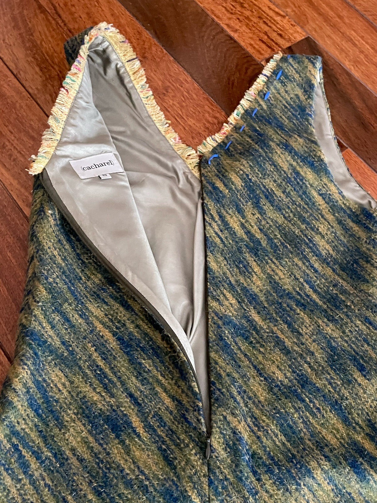 CACHAREL Unbalanced Wool Tweed Dress with Frayed Trim, Green-Blue, Size 40/Small