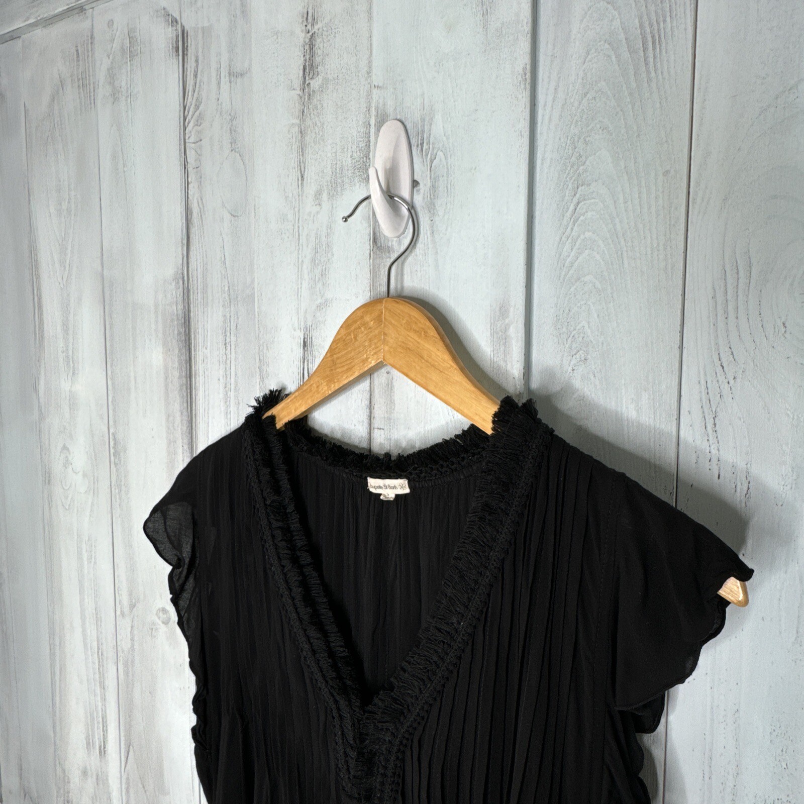 POUPETTE ST BARTH BLACK CROCHET SASHA PLEATED FLUTTER SLEEVE BOHO MINI DRESS S