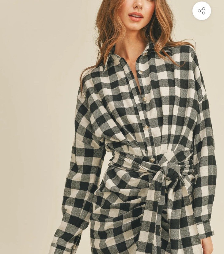 Mable Haeri Flannel Button Down Shirt Midi Dress Women Size Medium Black White