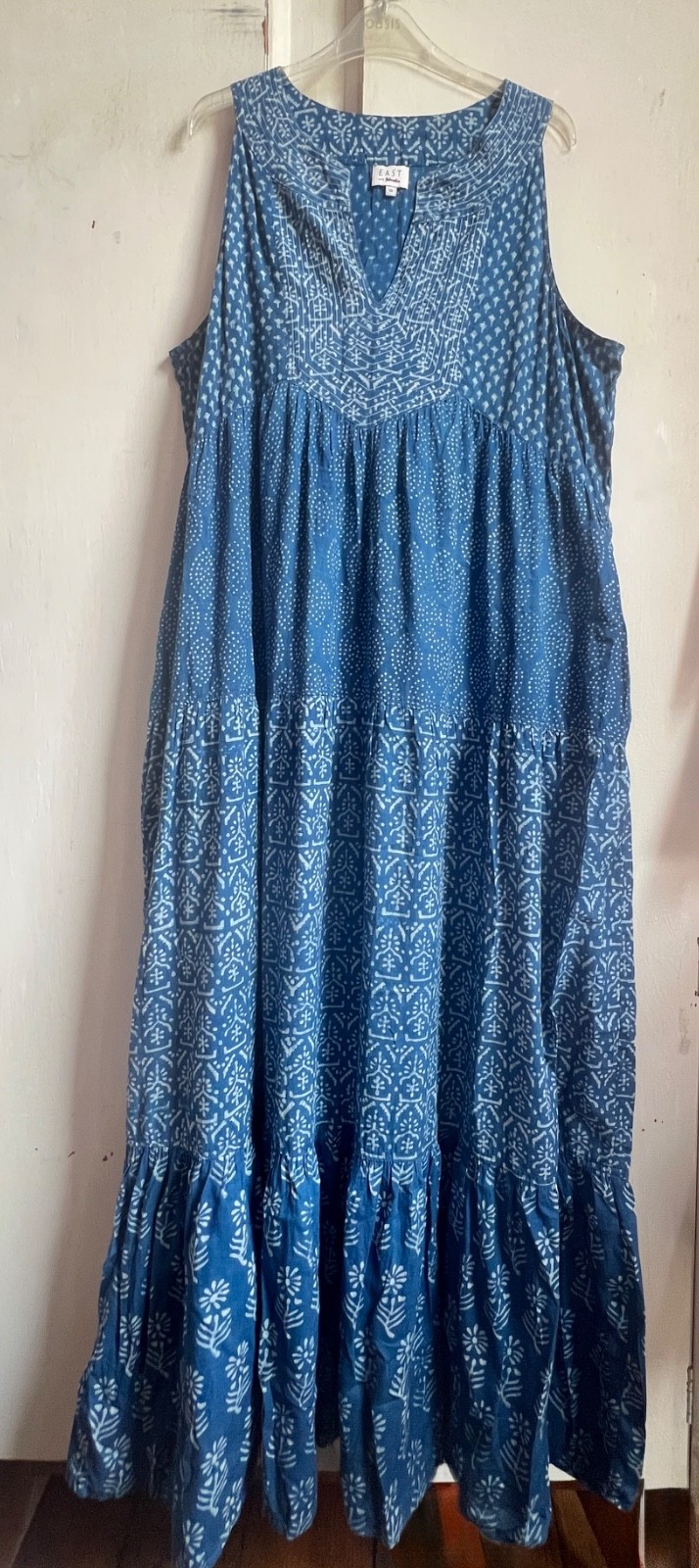 ✩Fab *EAST with FABINDIA* Blue Tiered Cotton Hand Block Print Maxi Dress 18✩