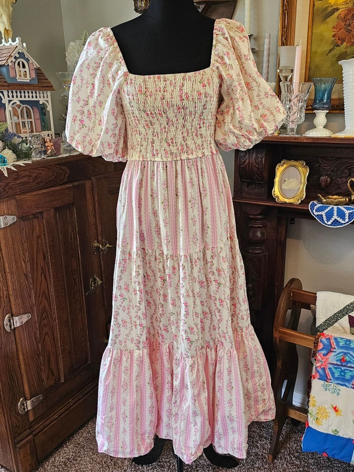 Peach Love Floral Smocked Puff Sleeve Cottagecore Maxi Dress Pink Large