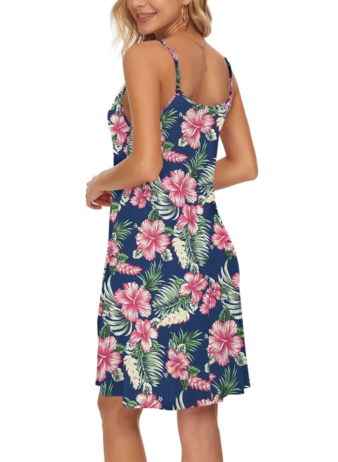 Women’s Spaghetti Strap Button Down V Neck (Size M, Floral Hibiscus Blue)