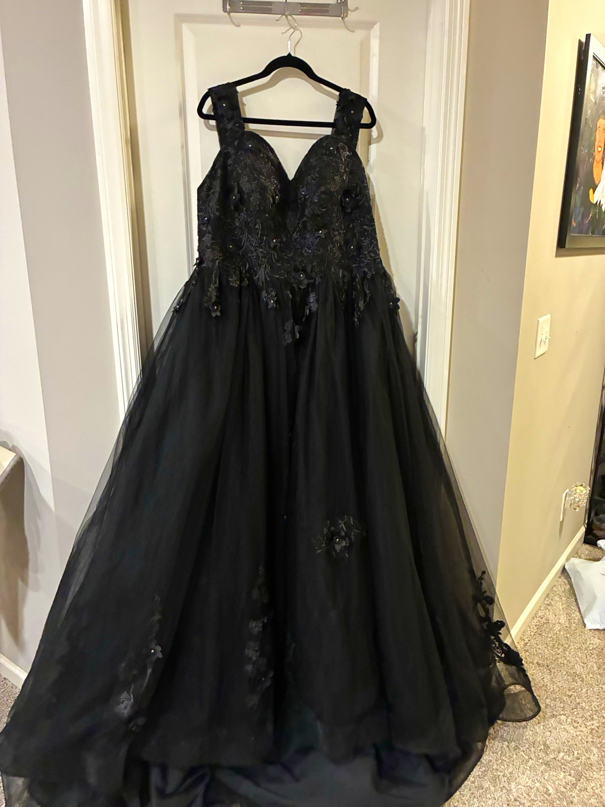 Women’s Plus Size 20 Black Long Formal Ball Gown V-Neck Lace Beaded worn once