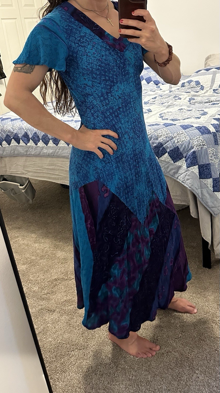Vintage Carole Little Patchwork Maxi Dress Size 10 Blue Purple Short Sleeve Boho