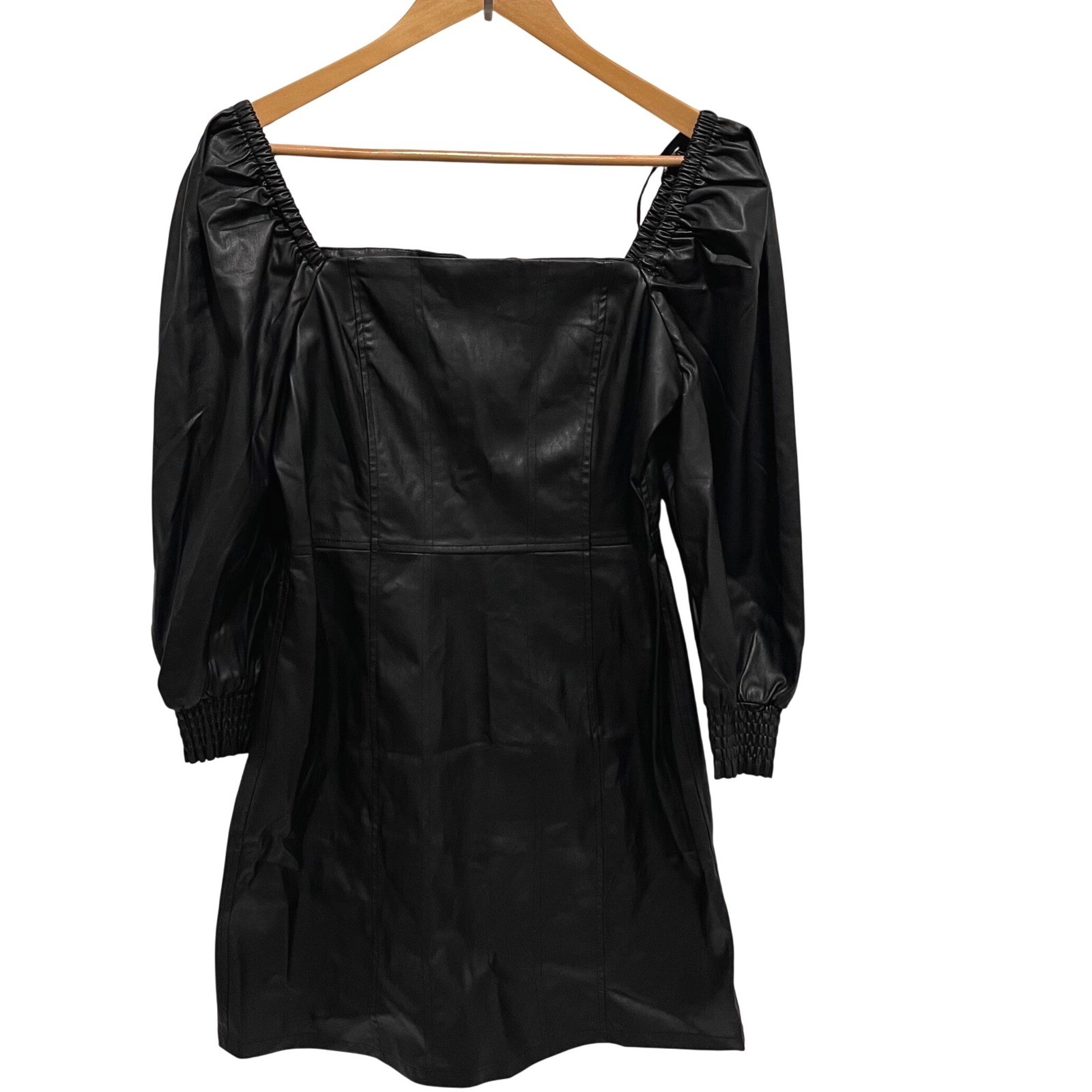 7 For All Mankind Faux Leather Square Neck Smocked Zipper Dress Black Medium NWT