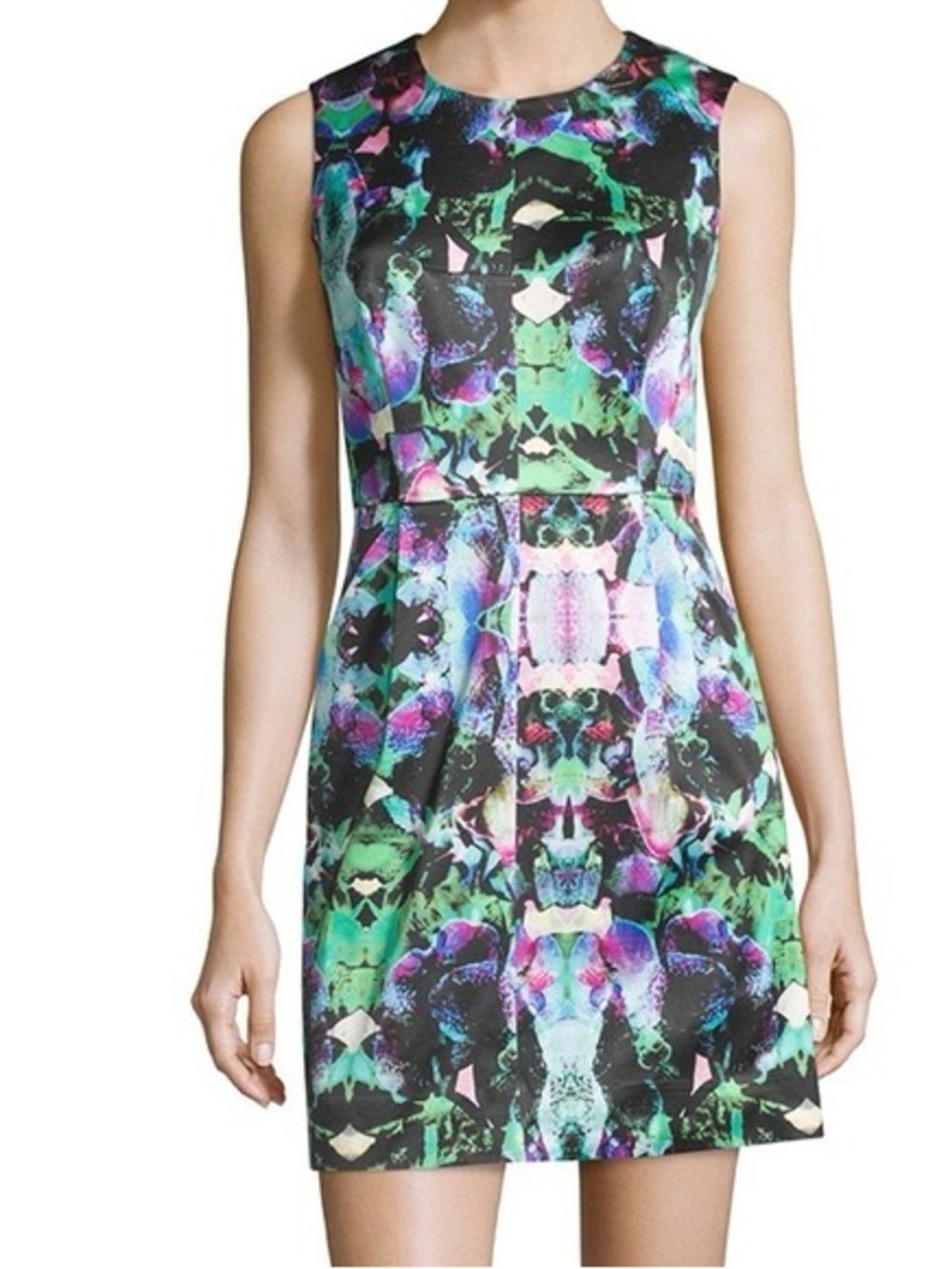 Milly Sleeveless Abstract Floral Mini Dress in Green, Purple, Pink and Black