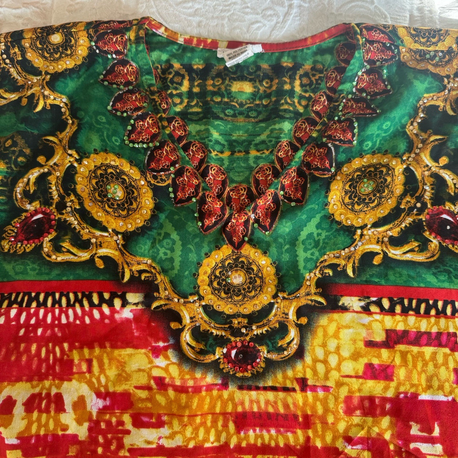 Just Class Kaftan V-Neck Rhinestone Trim Dress Women’s OSFM (One Size Fits Most)