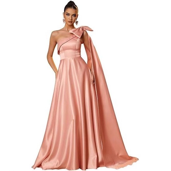 One Shoulder Maxi Dress Large Bow Cape Sleeve Formal Evening Bridesmaid Gown