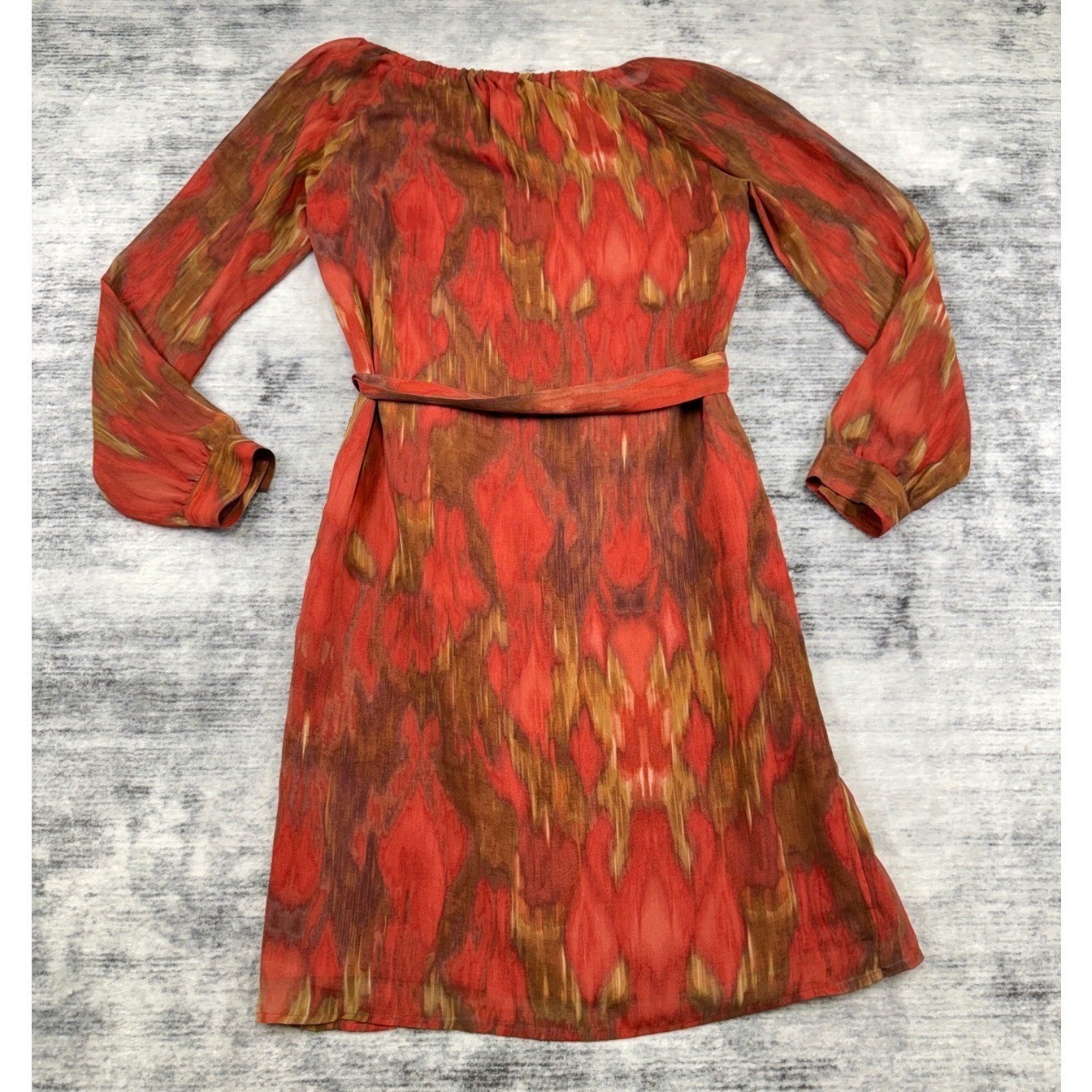 Banana Republic Heritage Ikat Print Split Neck Dress Gold Bar Detail Rust Size 2