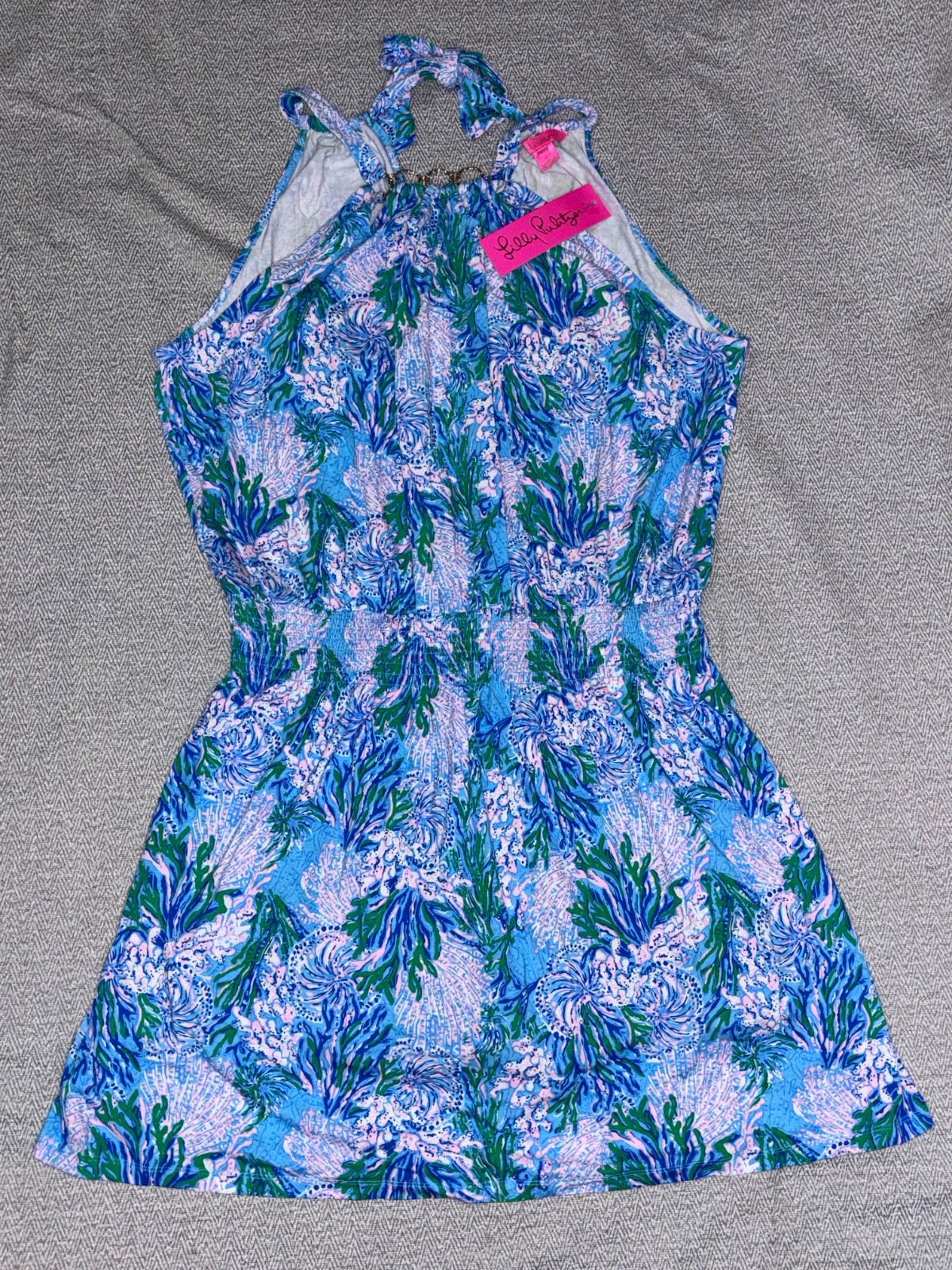 Lilly Pulitzer NWT Shirelle skirted romper dress aqua & pink print size Large