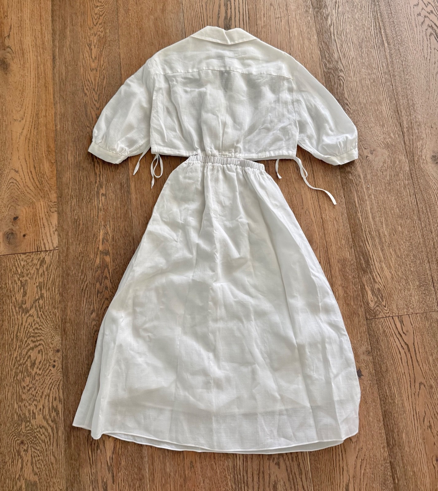 Sandro Paris SFPRO01808 White Ramie Side Cut-Out Midi Dress | Puff Sleeve | 34
