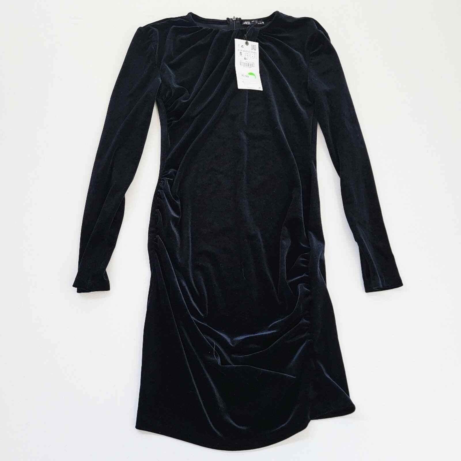 Zara Velour Ruched Midi Dress Womens Small Black NWT Asymmetrical Long Sleeve