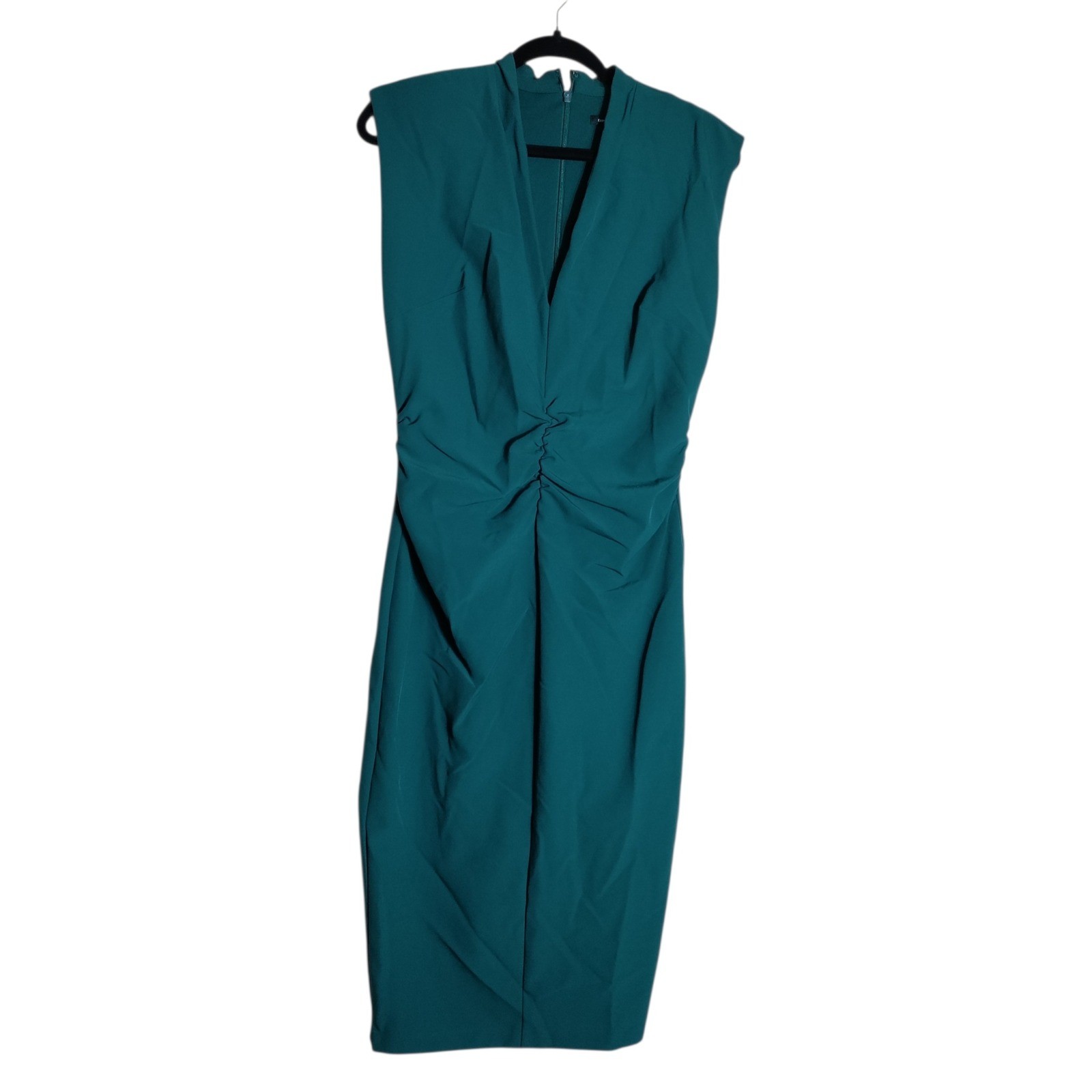 Express Womens Teal Green V-Neck Ruched Midi Sheath Dress Size M RN 55285