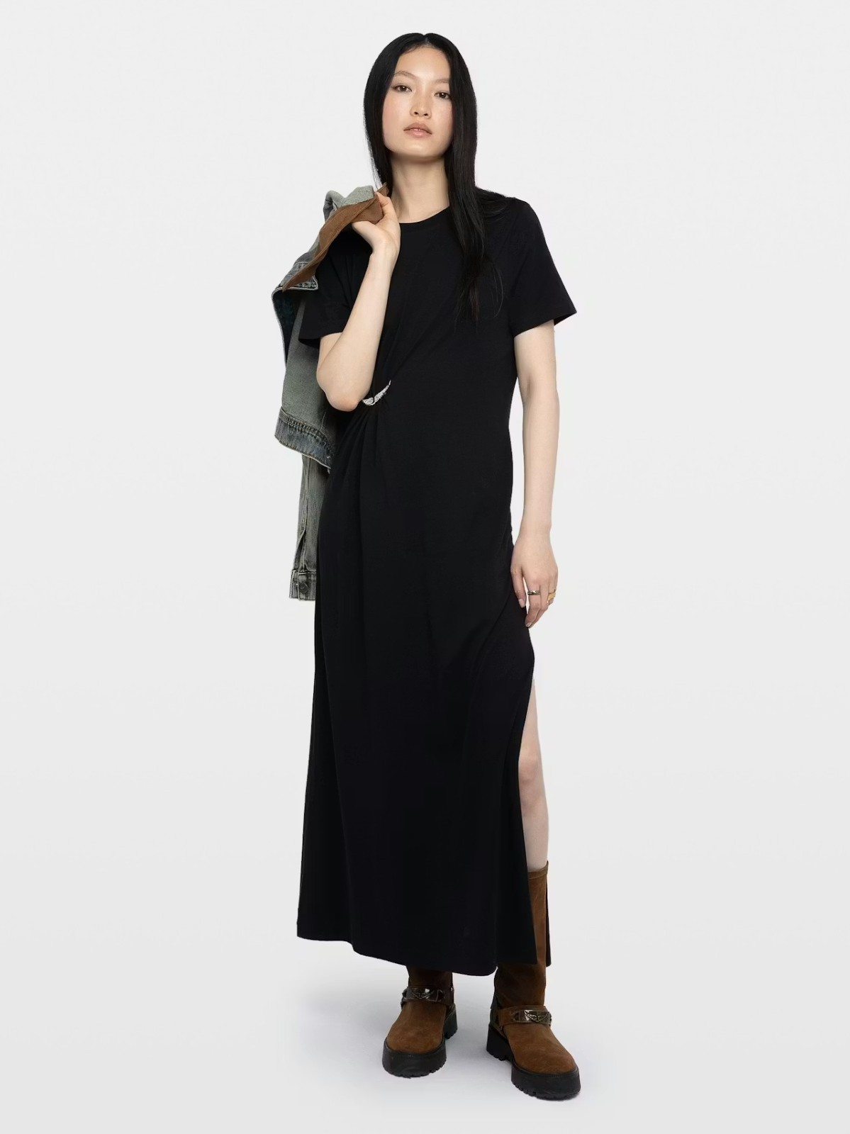 AUTHENTIC Zadig&Voltaire Women Cotton Rhinestone Brooch Soft T Long Dress XS-L