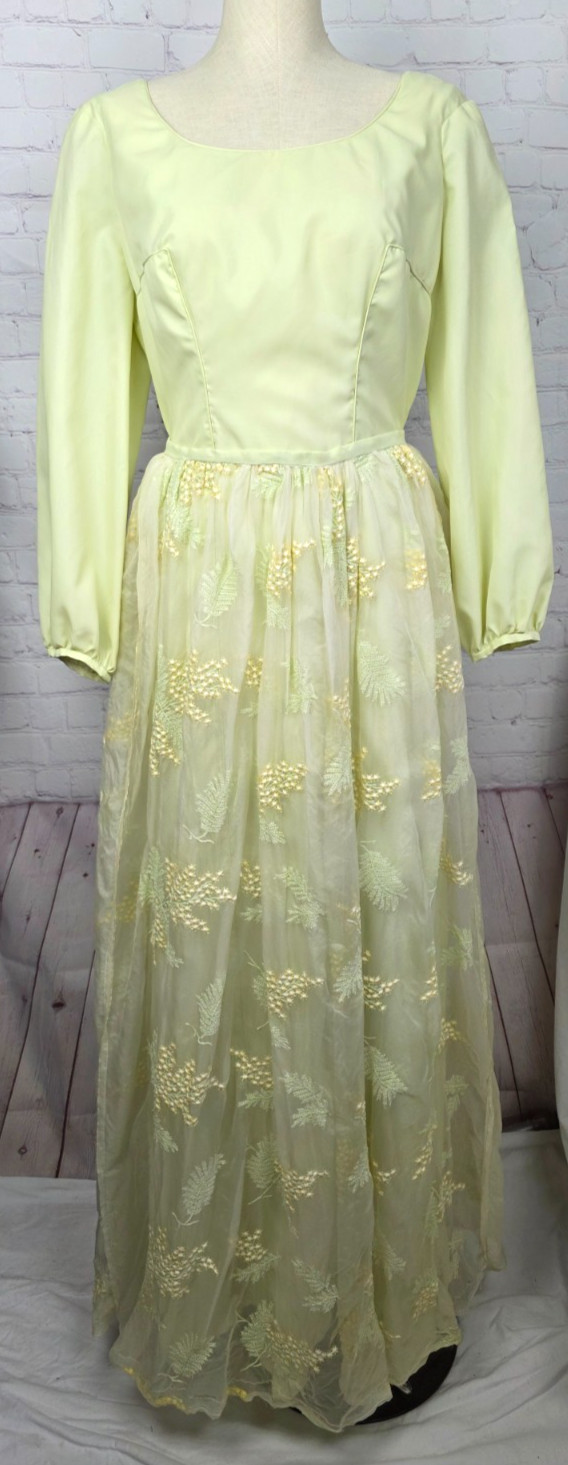 Vintage Maxi Dress Yellow Embroidery Sheer Overskirt Elegant Formal Wedding L