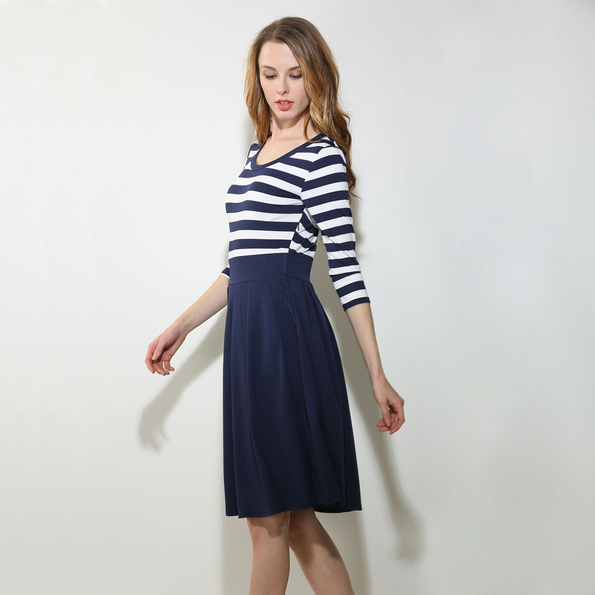 Women’s Three-quarter Sleeve Dress Fall Winter Striped Long Dress Fitted Dress