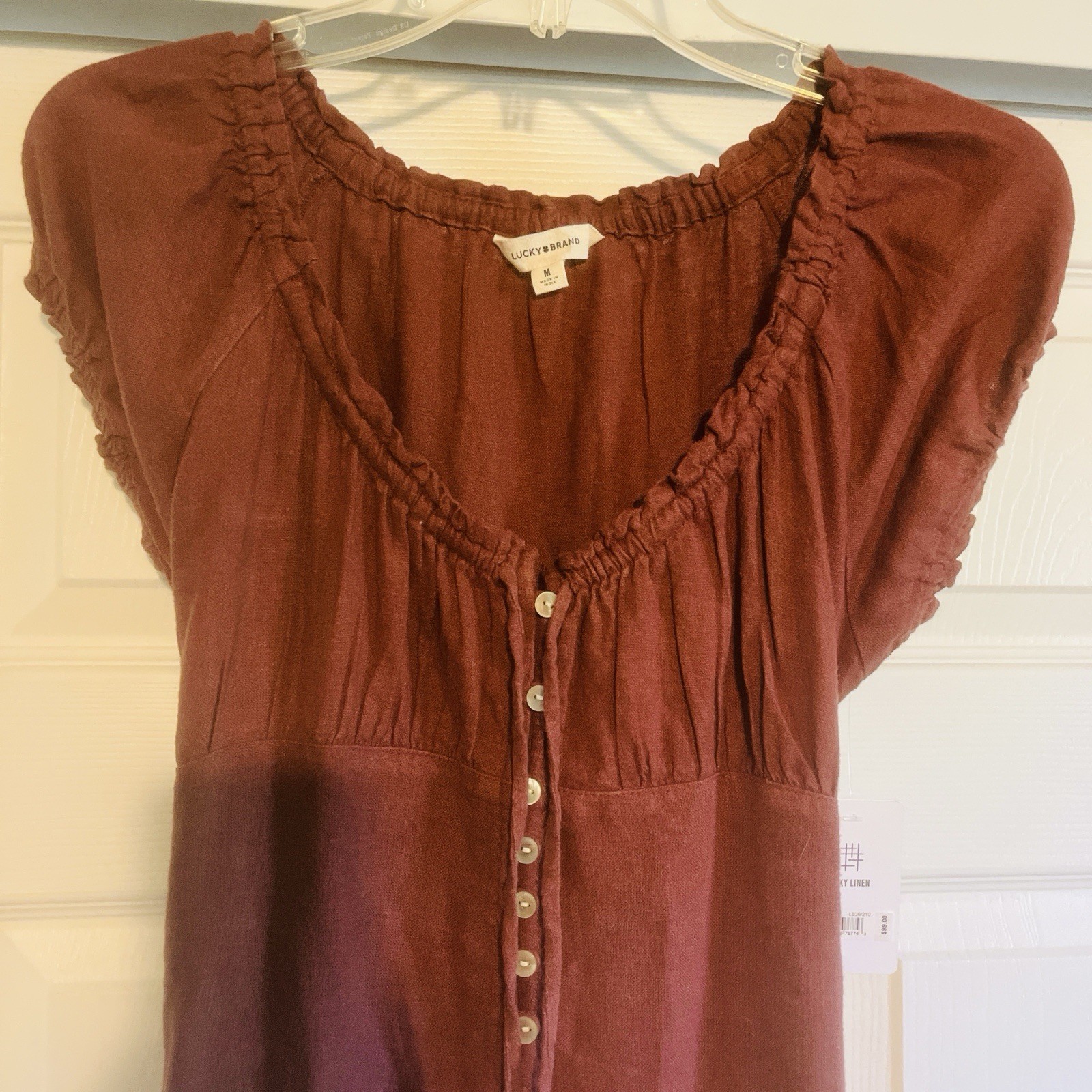 Lucky Brand Linen Red-Brown A-Line Dress M Button Front Ruffle Tie Short Sleeve