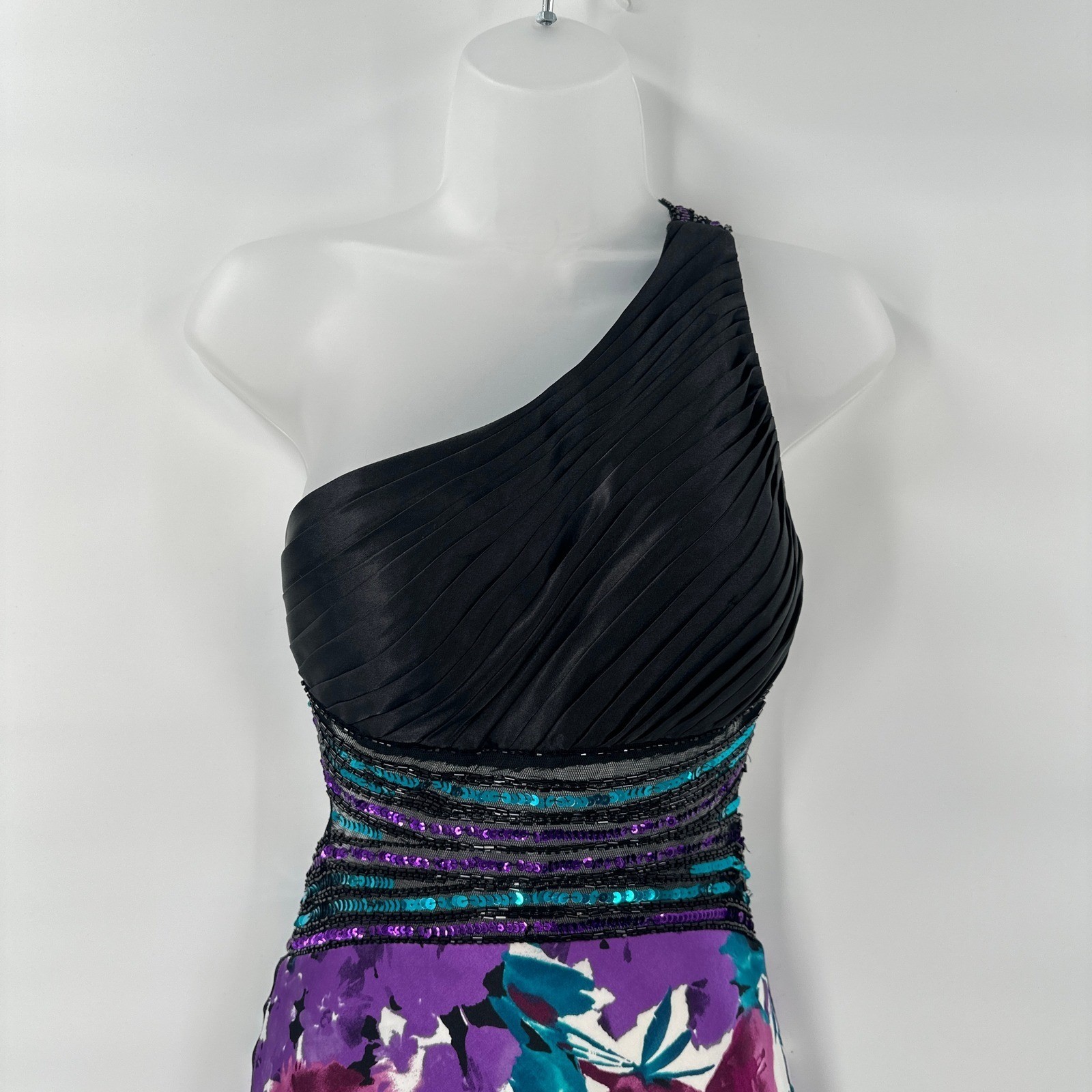 Cache One Shoulder Floral Sequin Evening Gown Maxi Dress Size 2 Striking *