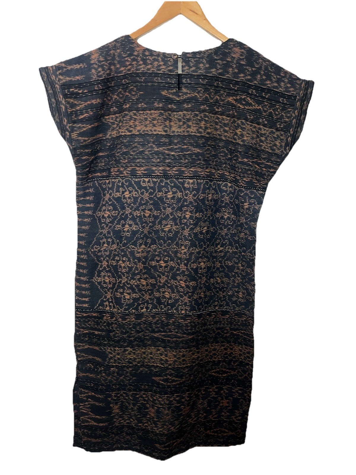 We Be Bop Textured Cotton Shift Midi Dress Black Brown Tribal Print Cap Sleeve
