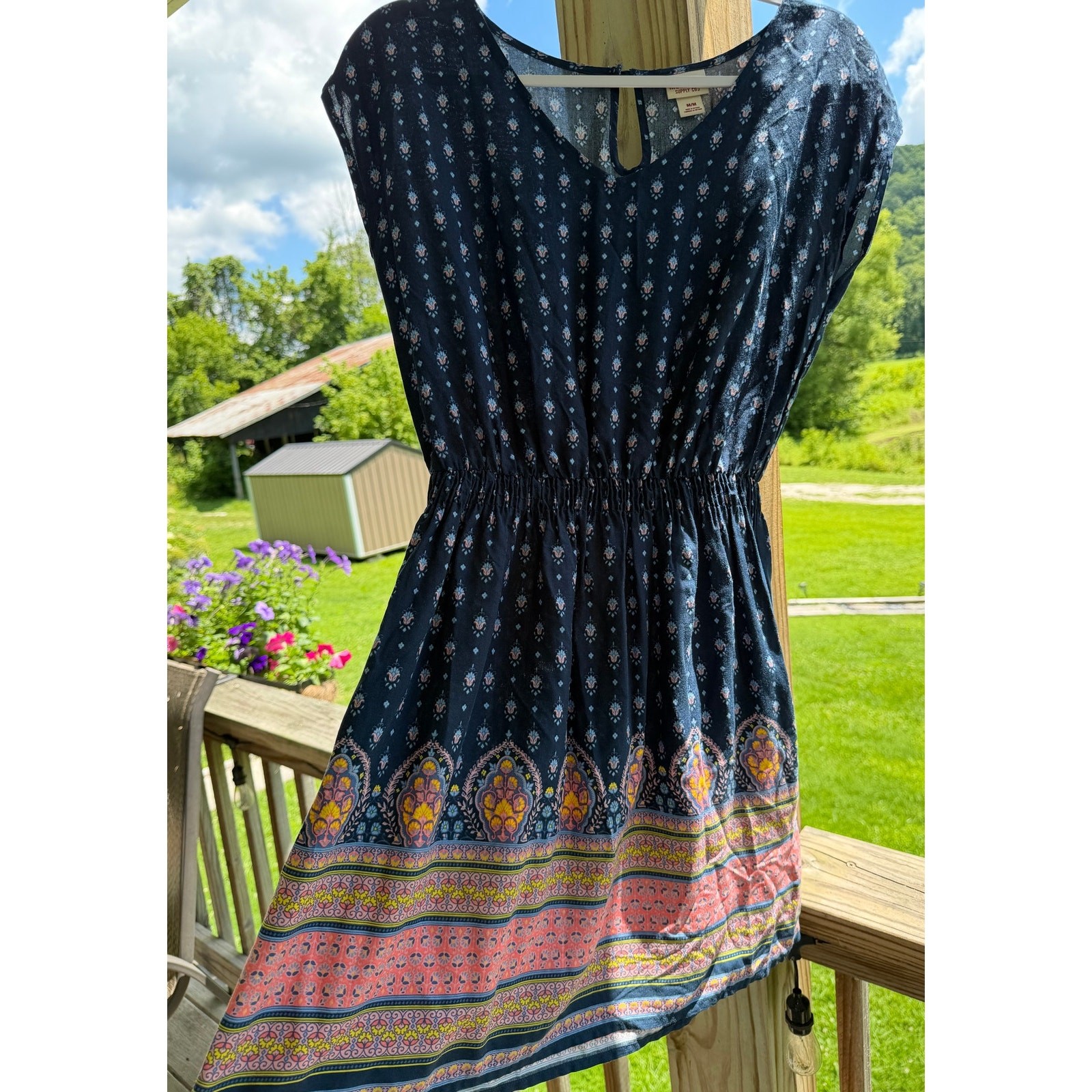 Boho Festival Hippie Coastal Mossimo Supply Co Border Print Navy Floral Dress M