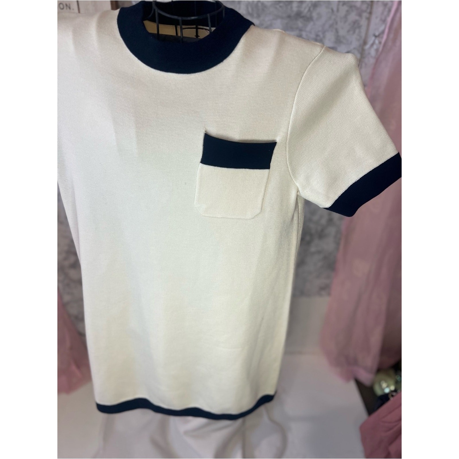 Tuckernuck Ivory Navy Contrast Knit Mini Shift Dress Wool Blend Size L
