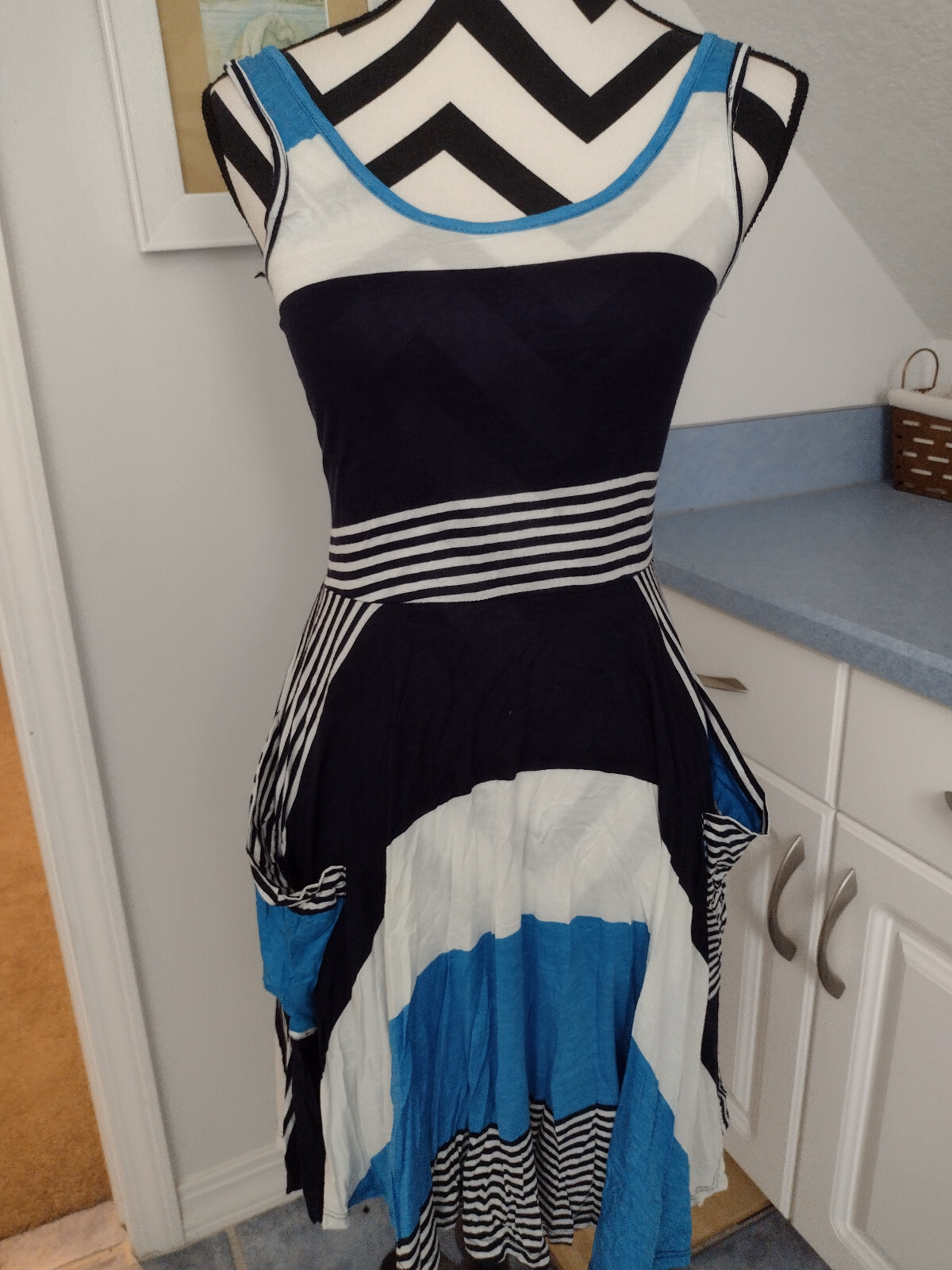 NWOT Vintage Havana Blue White Striped Bias Cut Pocketed Dress Sz Small Sundress
